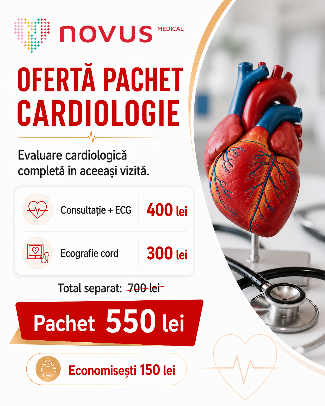 Pachet cardiologie cu consultație, ECG și ecografie de cord la Novus Medical Ploiești