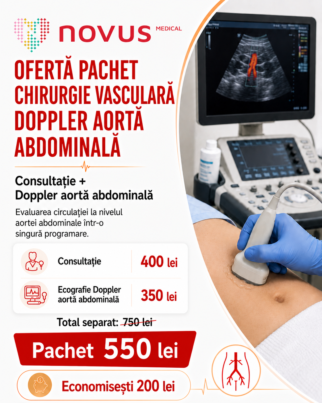 Pachet chirurgie vasculară cu Doppler aortă abdominală la Novus Medical Ploiești