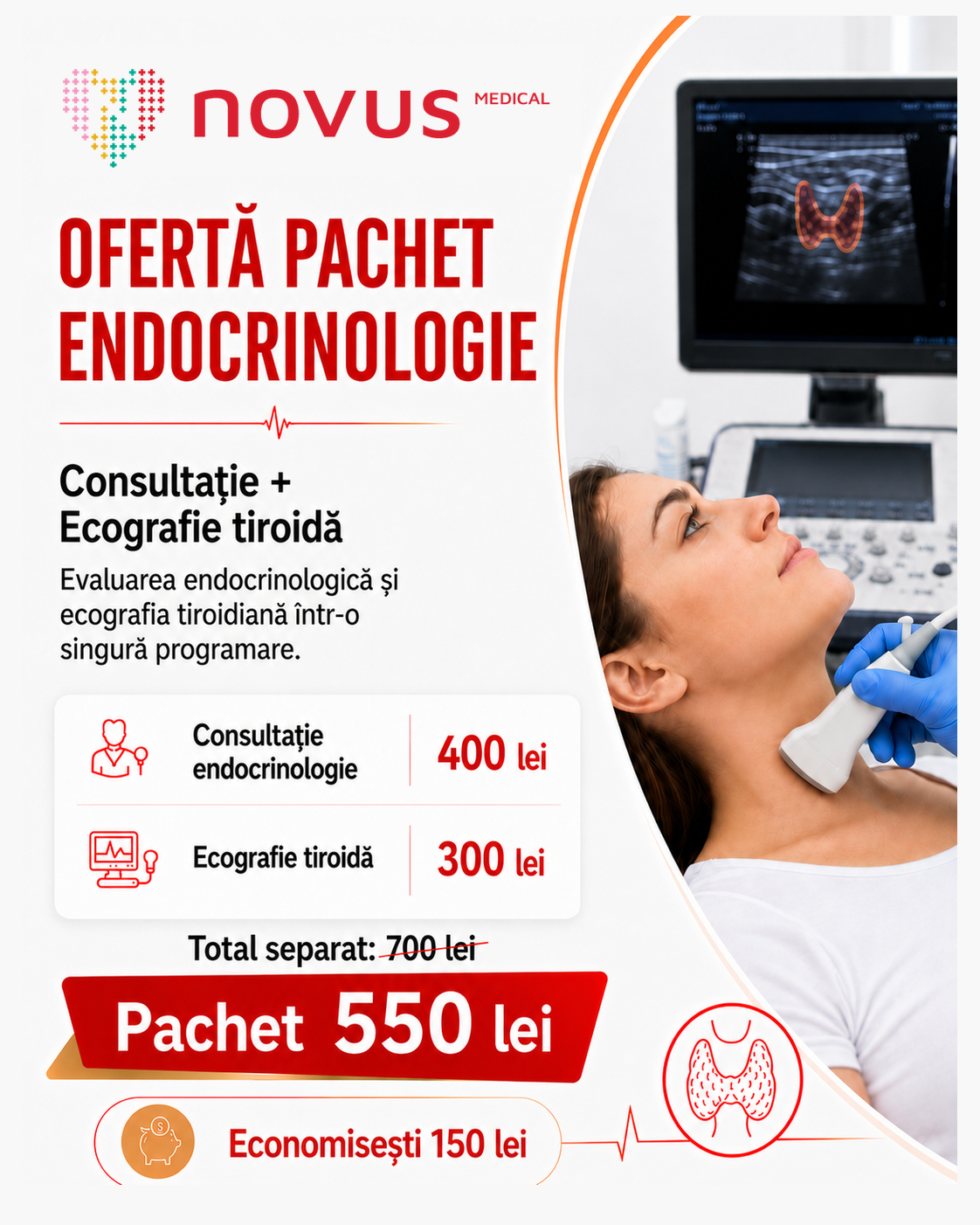 Pachet endocrinologie cu consultație și ecografie tiroidă la Novus Medical Ploiești