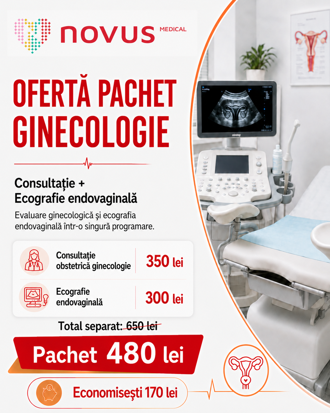 Pachet ginecologie cu consultație și ecografie endovaginală la Novus Medical Ploiești