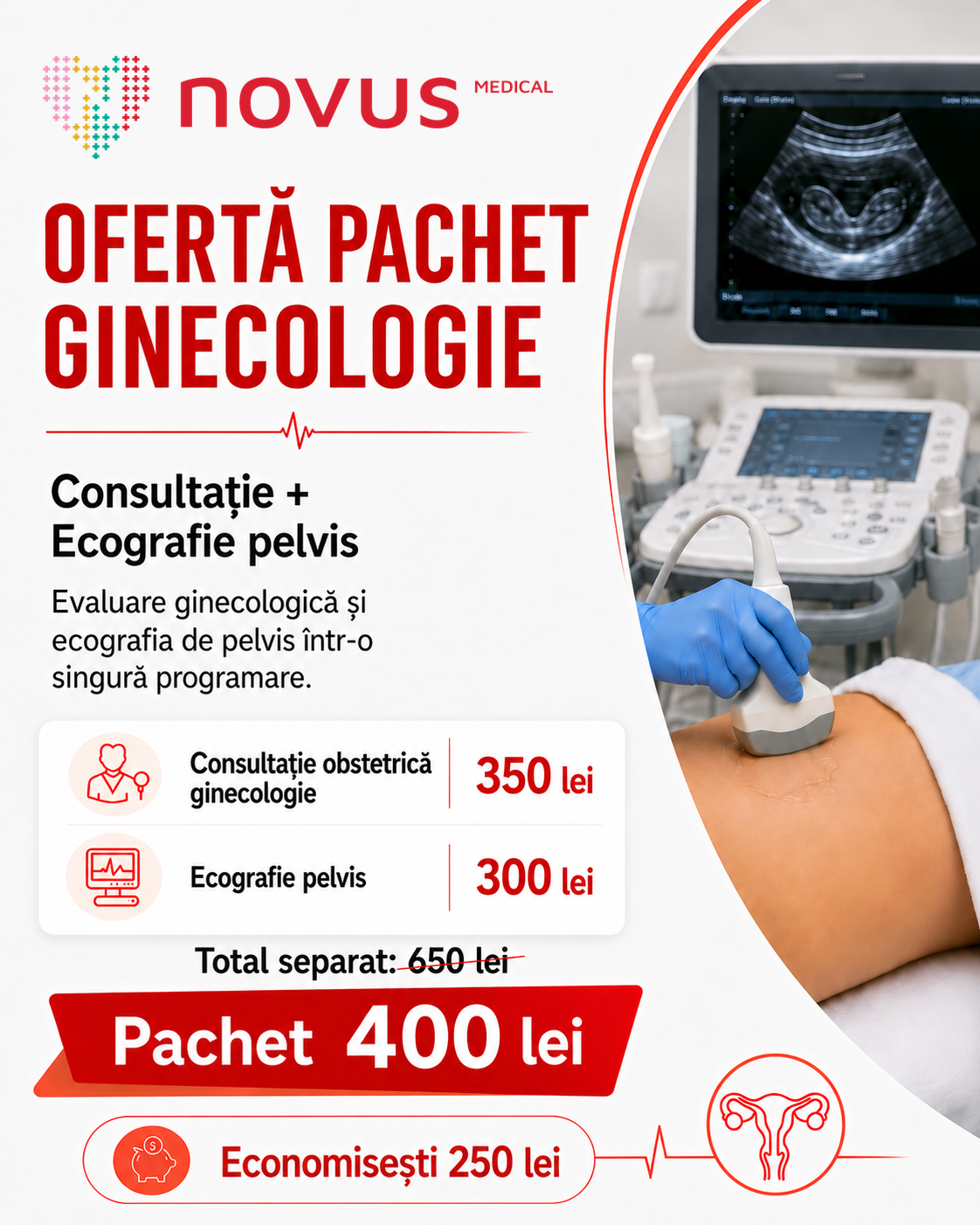 Pachet ginecologie cu consultație și ecografie pelvis la Novus Medical Ploiești