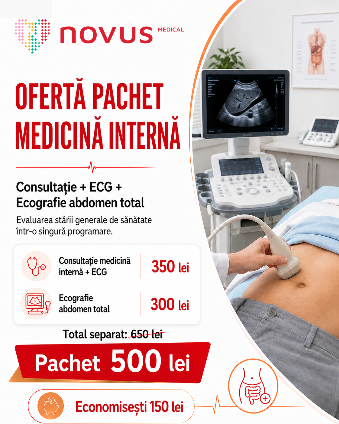 Pachet medicină internă cu consultație, ECG și ecografie abdomen total la Novus Medical Ploiești