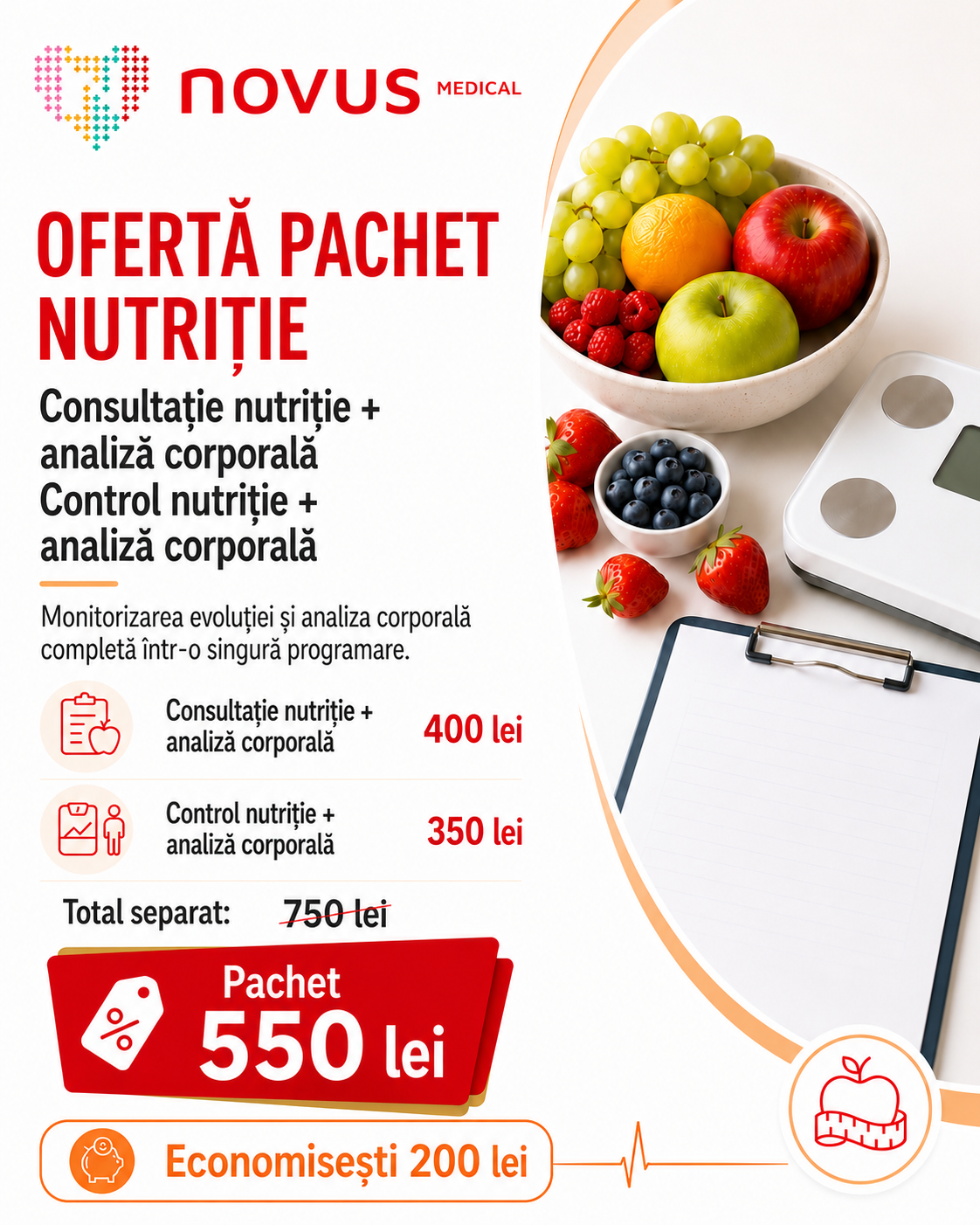 Pachet nutriție cu consultație, control și analiză corporală completă la Novus Medical Ploiești