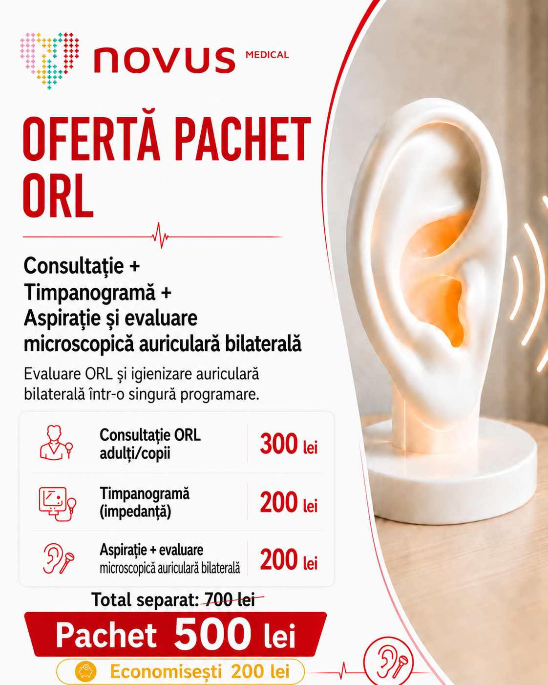 Pachet ORL cu timpanogramă și aspirație auriculară bilaterală la Novus Medical Ploiești
