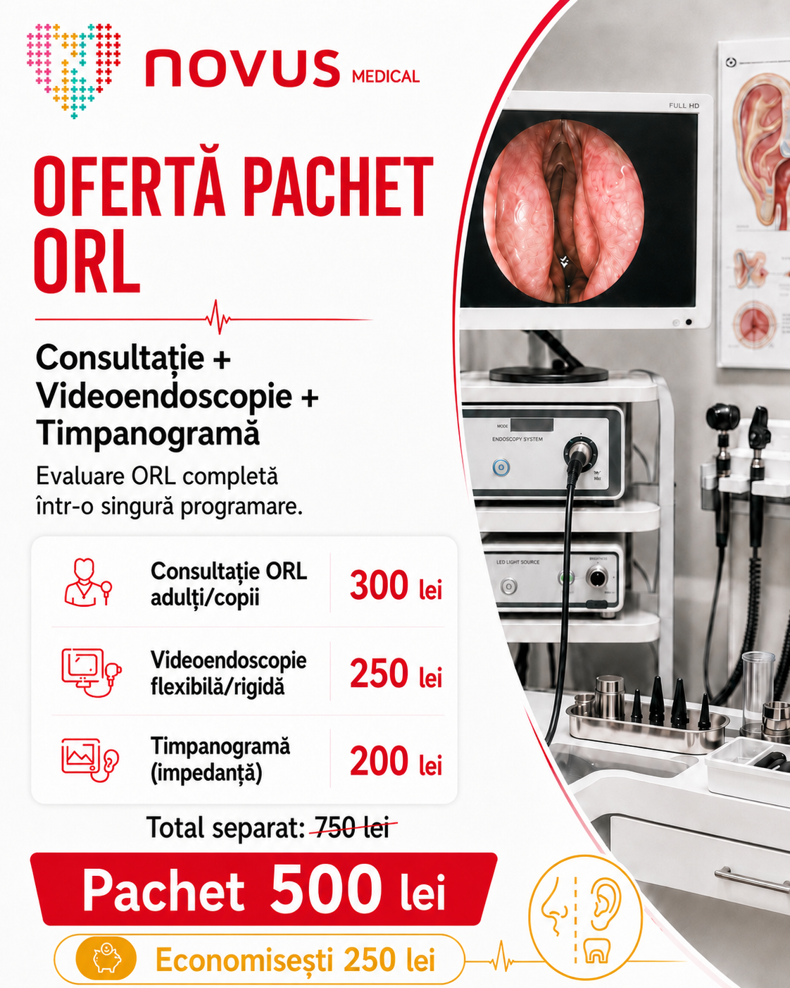 Pachet ORL cu consultație, videoendoscopie și timpanogramă la Novus Medical Ploiești