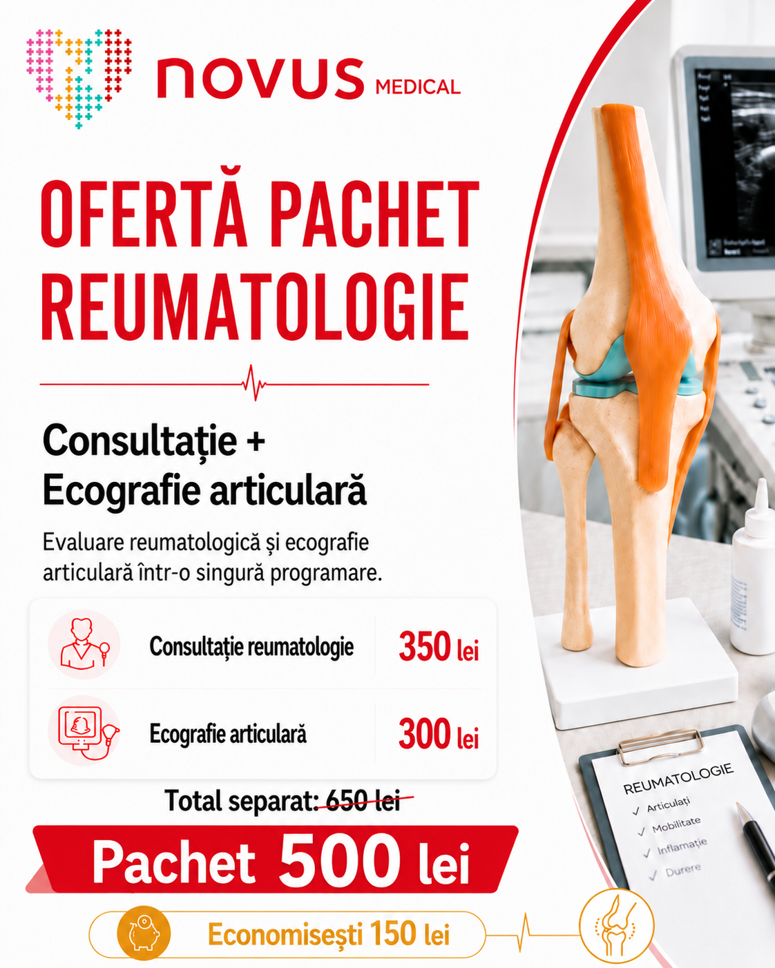 Pachet reumatologie cu consultație și ecografie articulară la Novus Medical Ploiești